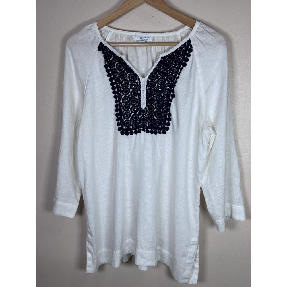 Charter Club Womens Tunic Blouse Top 100% Linen Embroidered Coastal Beach L